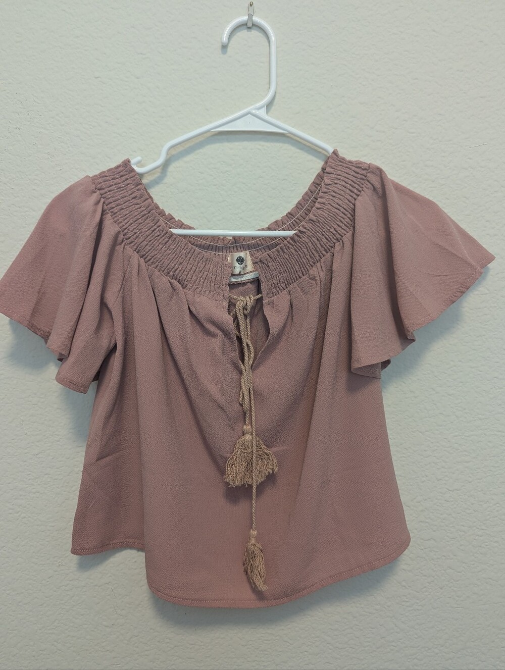 Boho Off-Shoulder Tassel Blouse in Dusty Rose